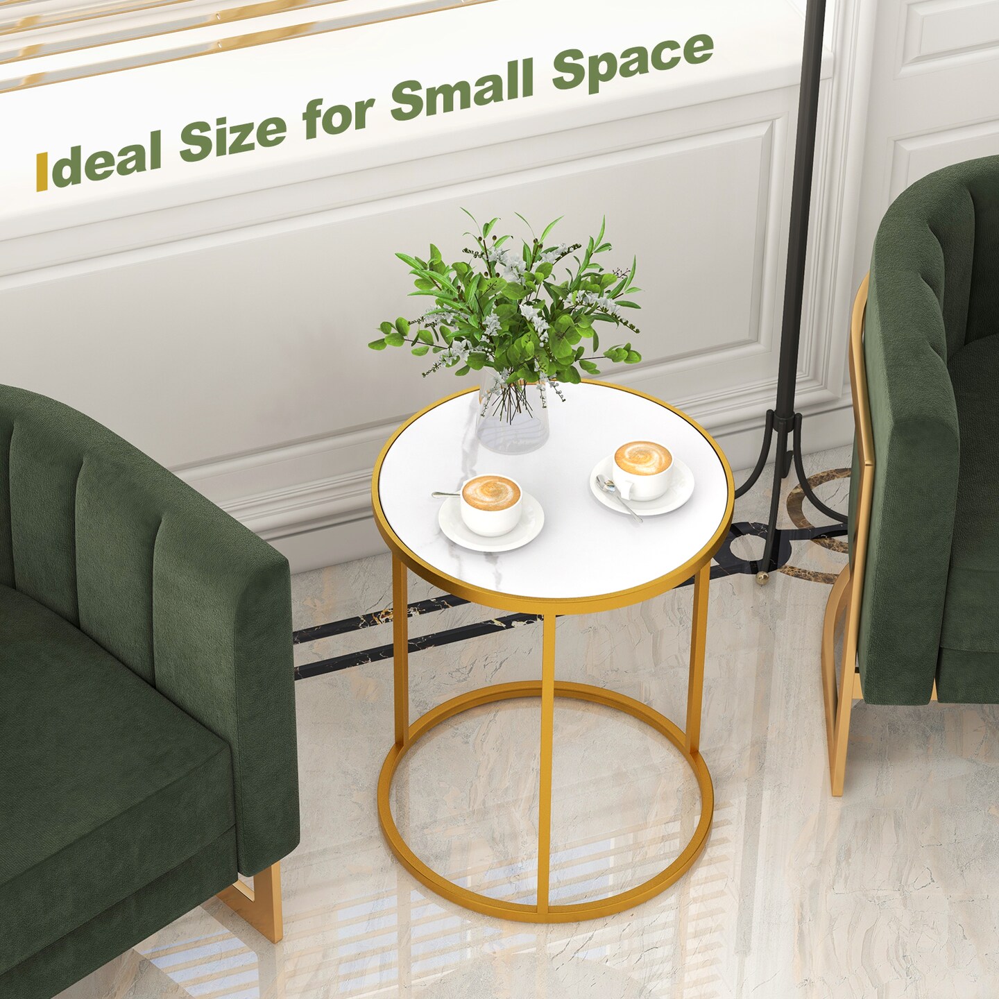 Marble Top Round Side Table 16-inch End Table With Golden Metal Frame