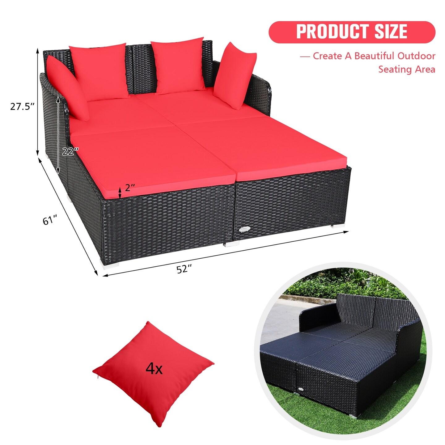 Spacious Outdoor Rattan Daybed With Upholstered Cushions And Pillows