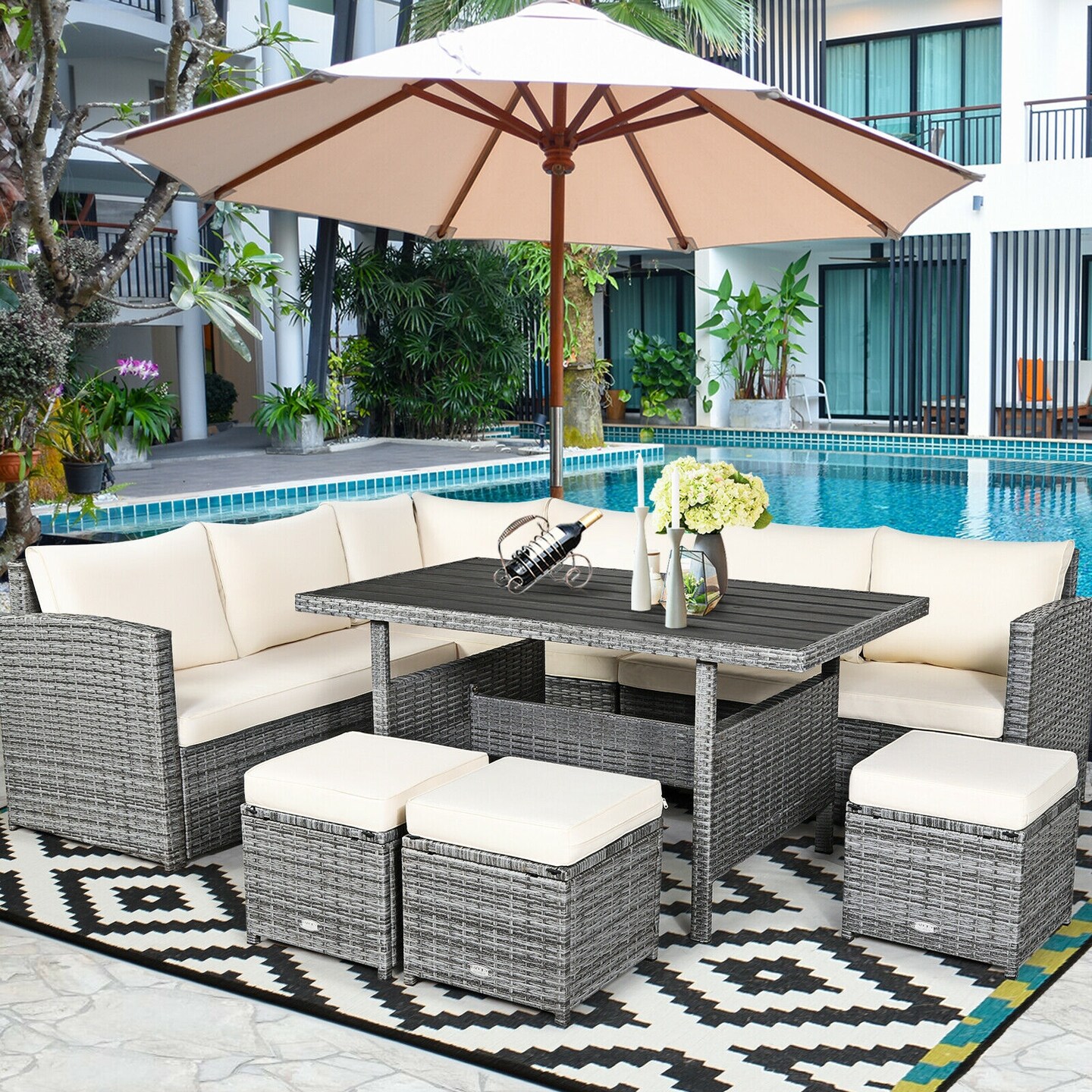 7 Pieces Patio Rattan Dining Furniture Sectional Sofa Set With Wicker Ottoman
