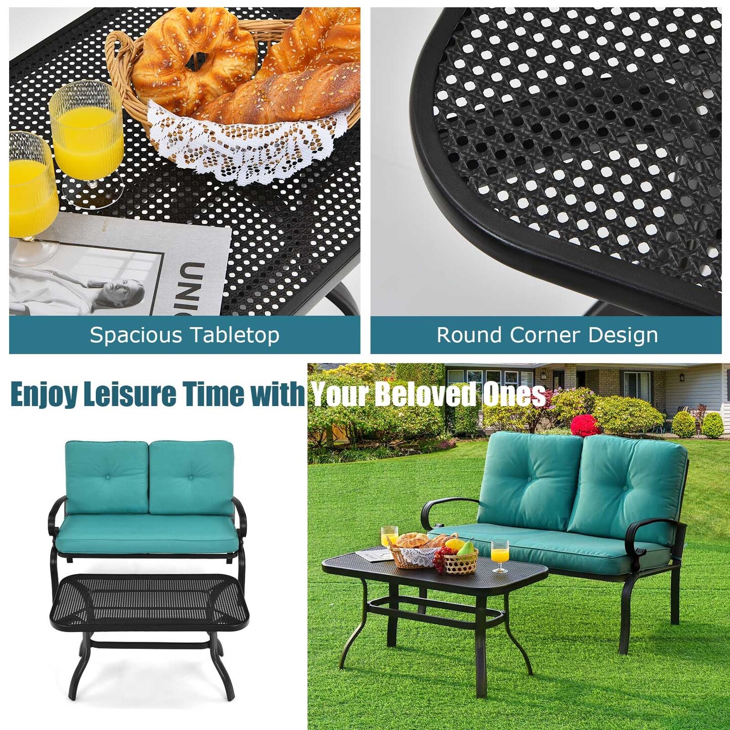 2 Pieces Patio Loveseat Bench Table Furniture Set with Cushioned Chair