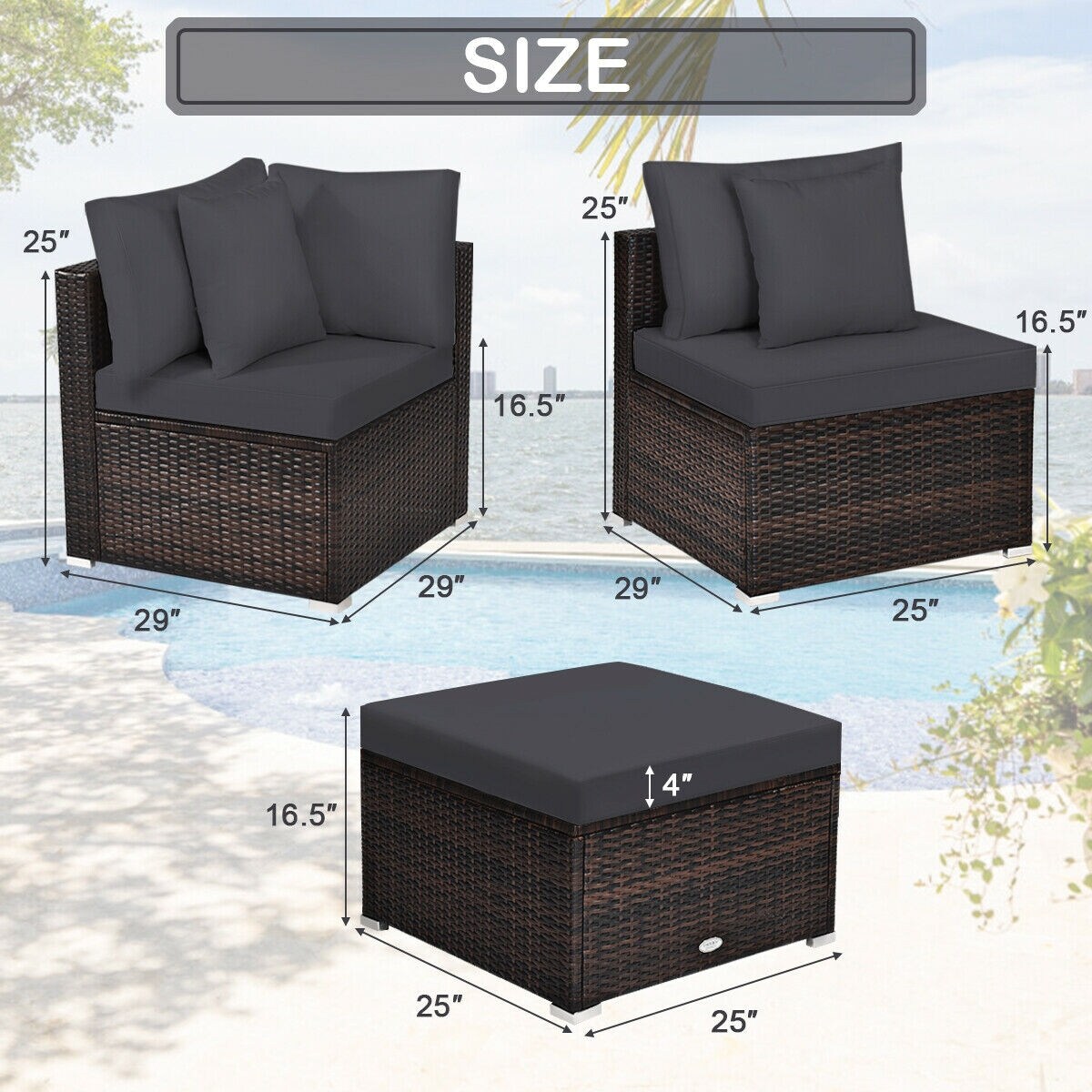 4 Pieces Ottoman Garden Patio Rattan Wicker Furniture Set with Cushion