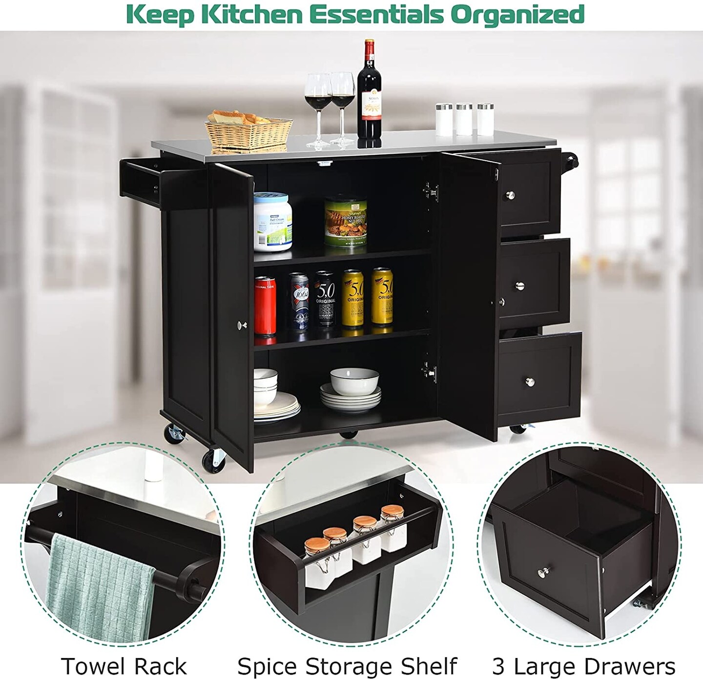 Kitchen Island 2-Door Storage Cabinet with Drawers and Stainless Steel Top
