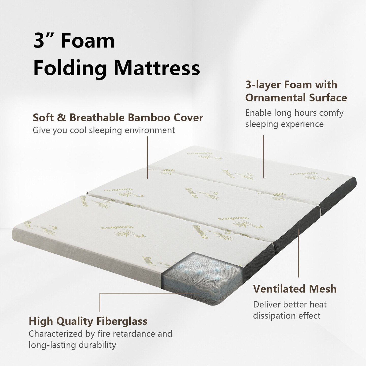 Queen 3 Inch Tri-fold Memory Foam Floor Mattress Topper Portable with Carrying Bag