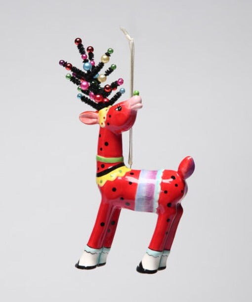 Ceramic Dotted Red Reindeer with Beaded Antlers, Home D&#xE9;cor, Gift for Her, Gift for Mom, Kitchen D&#xE9;cor, Christmas D&#xE9;cor