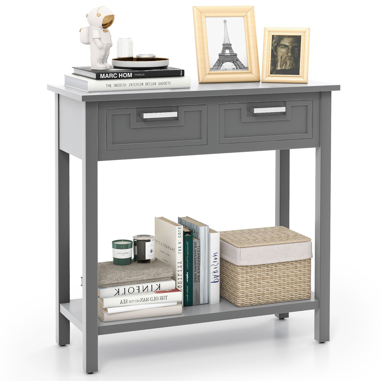 Gymax Narrow Console Table with Drawers Retro Accent Sofa Table w/ Open Storage Grey