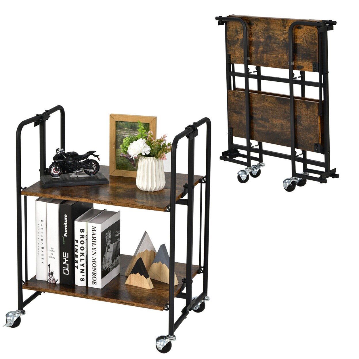 Gymax 2-Tier Folding Bar Cart Kitchen Serving Island Utility Cart Storage Shelves