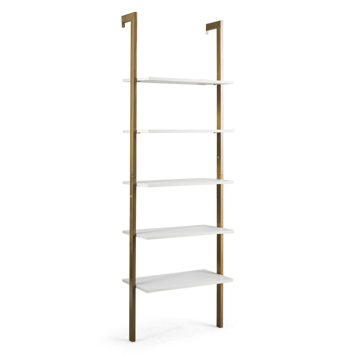 5-Tier Ladder Shelf Wood Wall Mounted Display Bookshelf Metal Frame Bronze