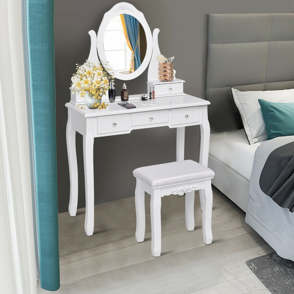 Gymax Bedroom Wooden Mirrored Makeup Vanity Set Stool Table Set White 5 Drawers