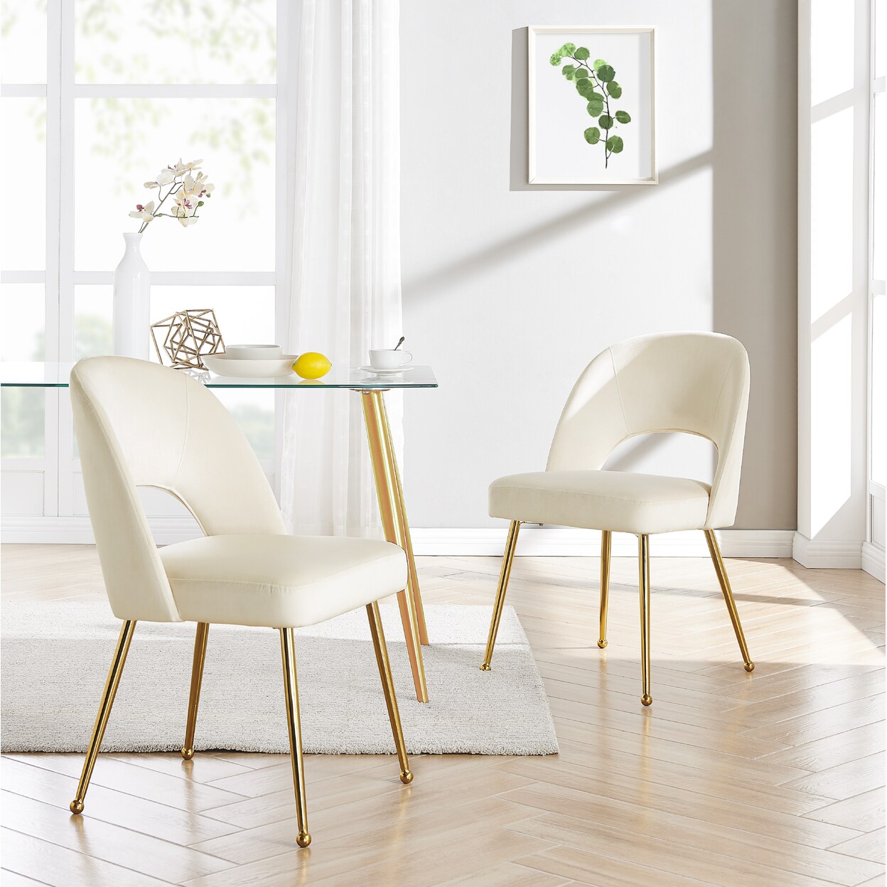 Iconic Home   Wilbourn Dining Side Chair Velvet Upholstered Open Back Design Gold Plated Solid Metal Legs (Set of 2)