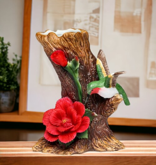 Ceramic Hummingbird with Hibiscus Flower Vase, Home D&#xE9;cor, Gift for Her, Gift for Mom, Birdwatcher Gift, Vintage Decor