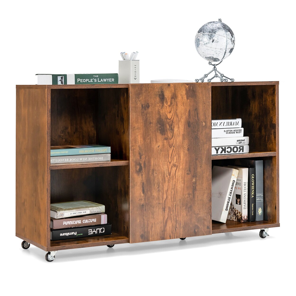 3-Tier Wood Bookcase 6 Cube Bookshelf W/ Door Wheels Display Cabinet
