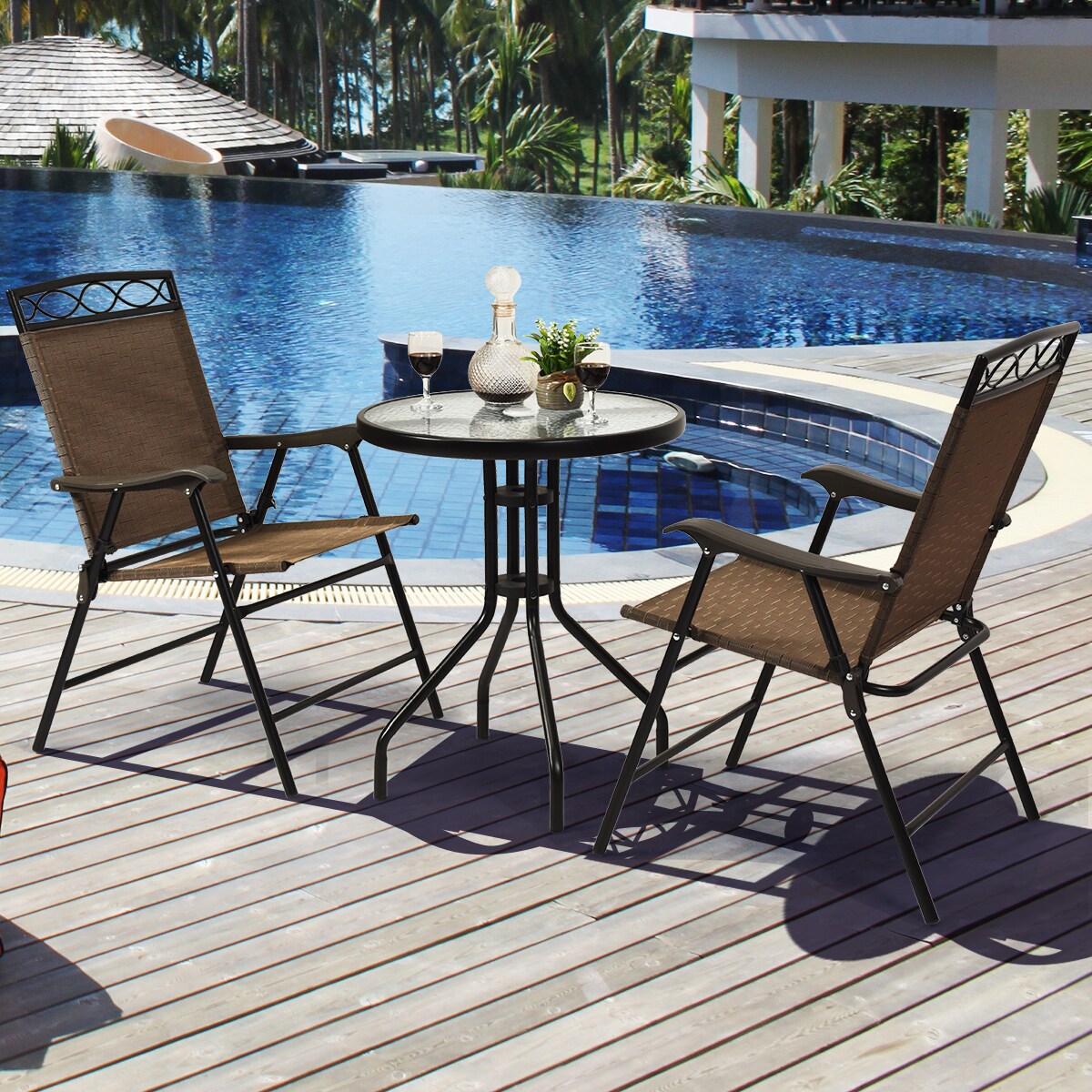 3Pcs Bistro Set Conversation Set Pub Patio Outdoor W/ Folding Chairs Table