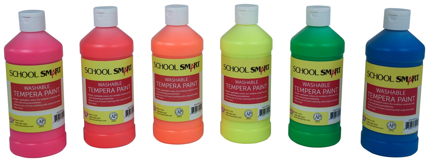 School Smart Washable Tempera Paints, Assorted Neon Fluorescent Colors, Pint Set of 6