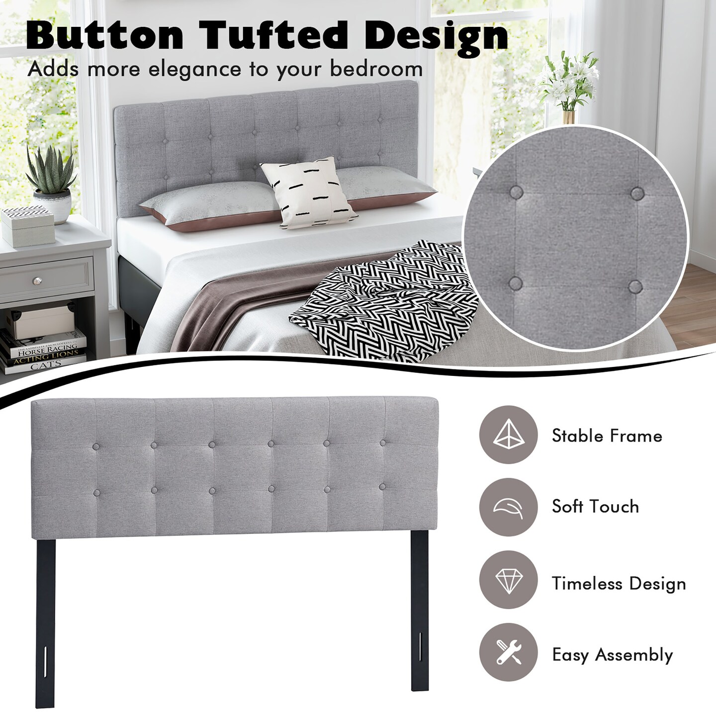 Costway Full/Queen Size Headboard Linen Fabric Upholstered Button Tufted Solid Wood Leg
