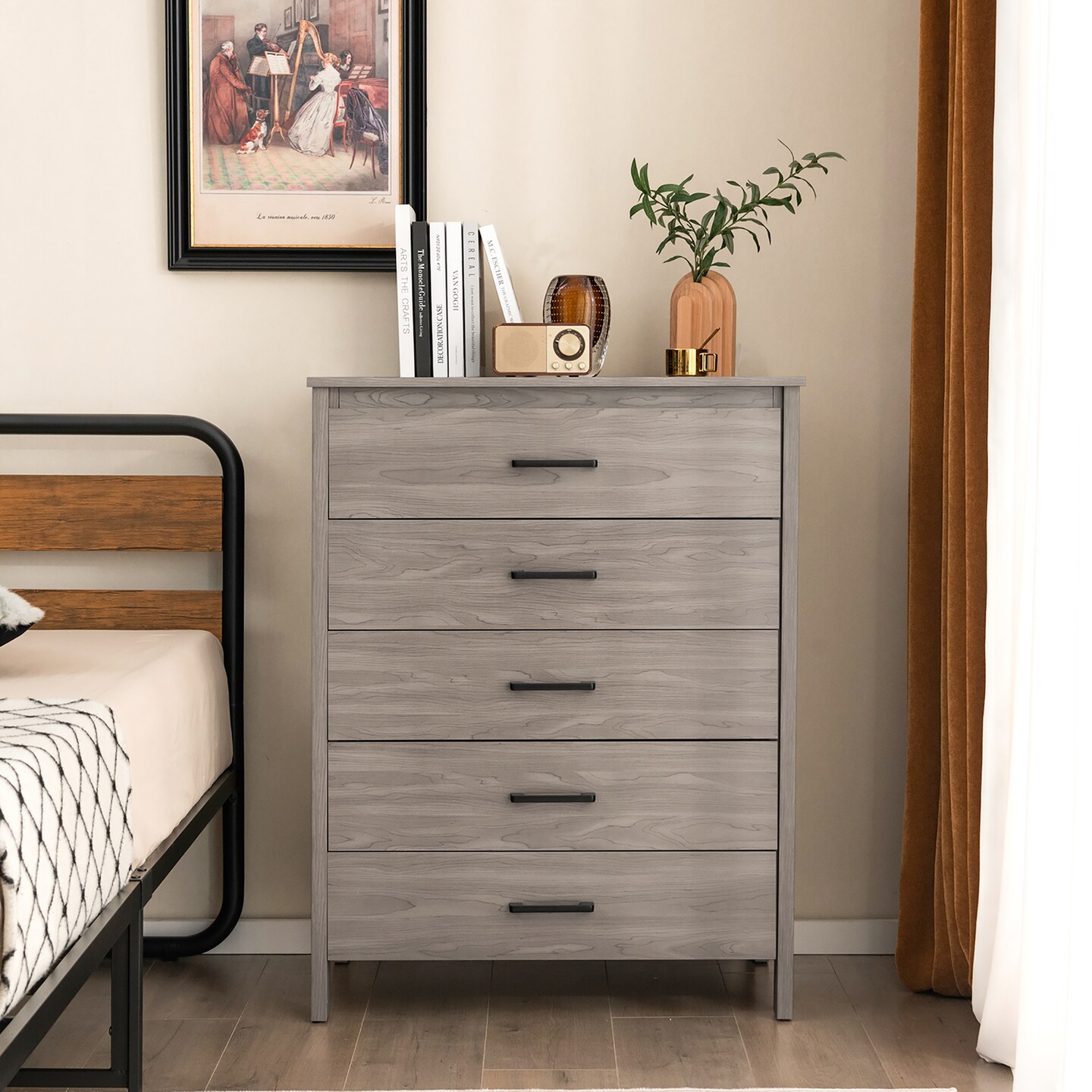 Costway Modern 5 Drawer Chest Storage Dresser Cabinet with Metal Handles Gray/White
