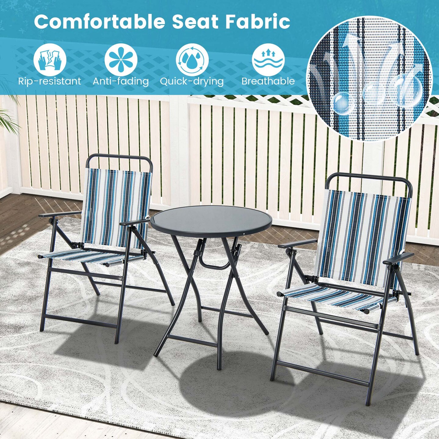 Costway 3pcs Patio Folding Dining Table Chair Set Heavy-Duty Metal Portable Outdoor