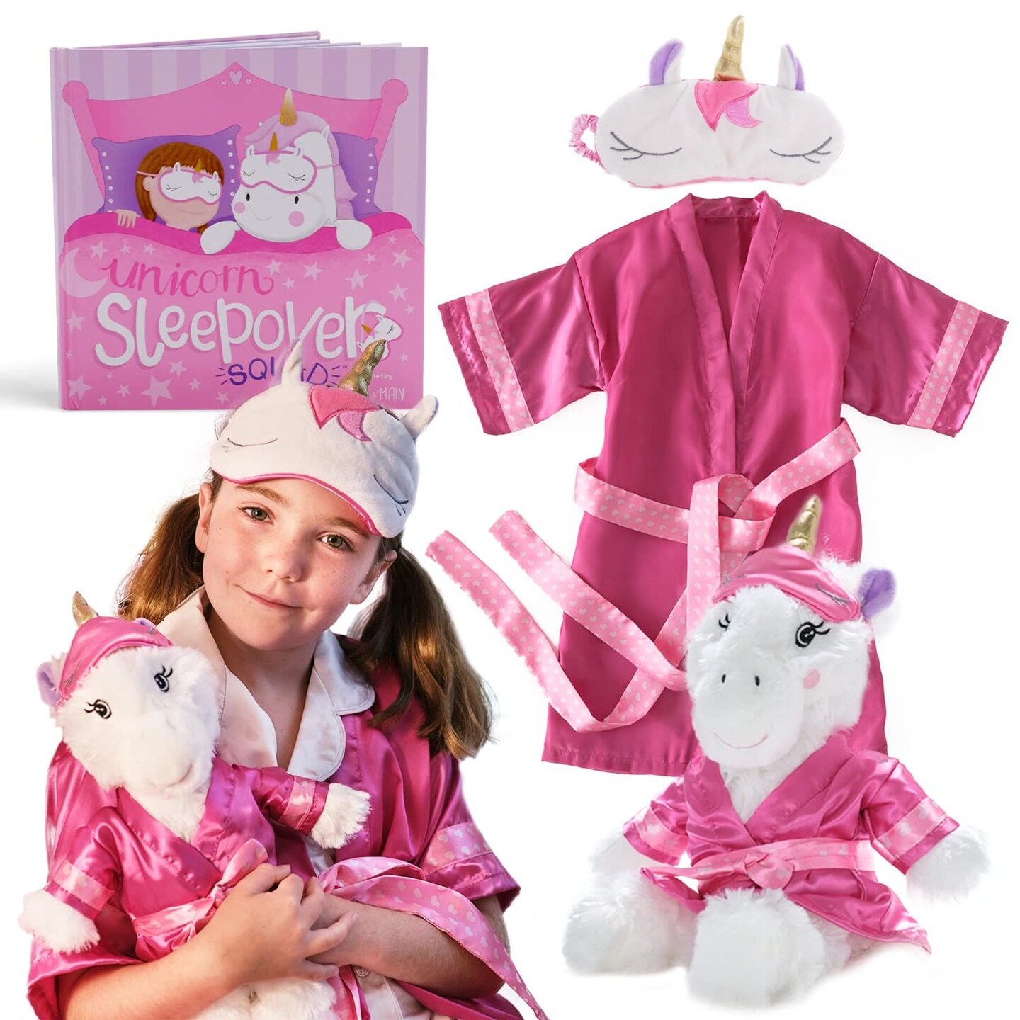 Tickle &#x26; Main Unicorn Gifts for Girls Sleepover Set of 4, Includes Unicorns Storybook, Plush Stuffed Animal, Sleep Mask &#x26; Robe, 4 Years Old and Up