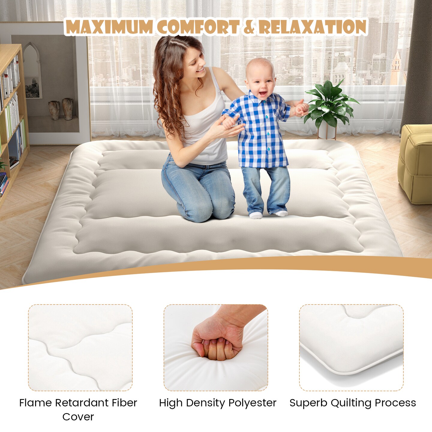 Costway Full/King/Queen/Twin Futon Mattress Japanese Floor Sleeping Pad Washable Cover Carry Bag Beige