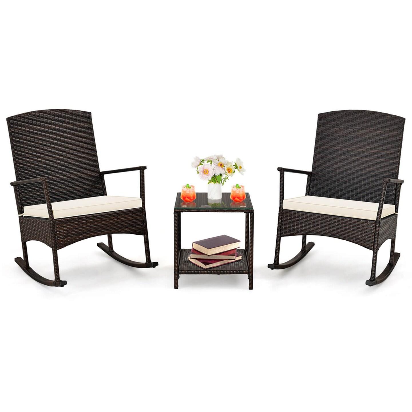 Costway 3 Piece Patio Rocking Set Wicker Rocking Chairs with 2-Tier Coffee Table Turquoise/Off White