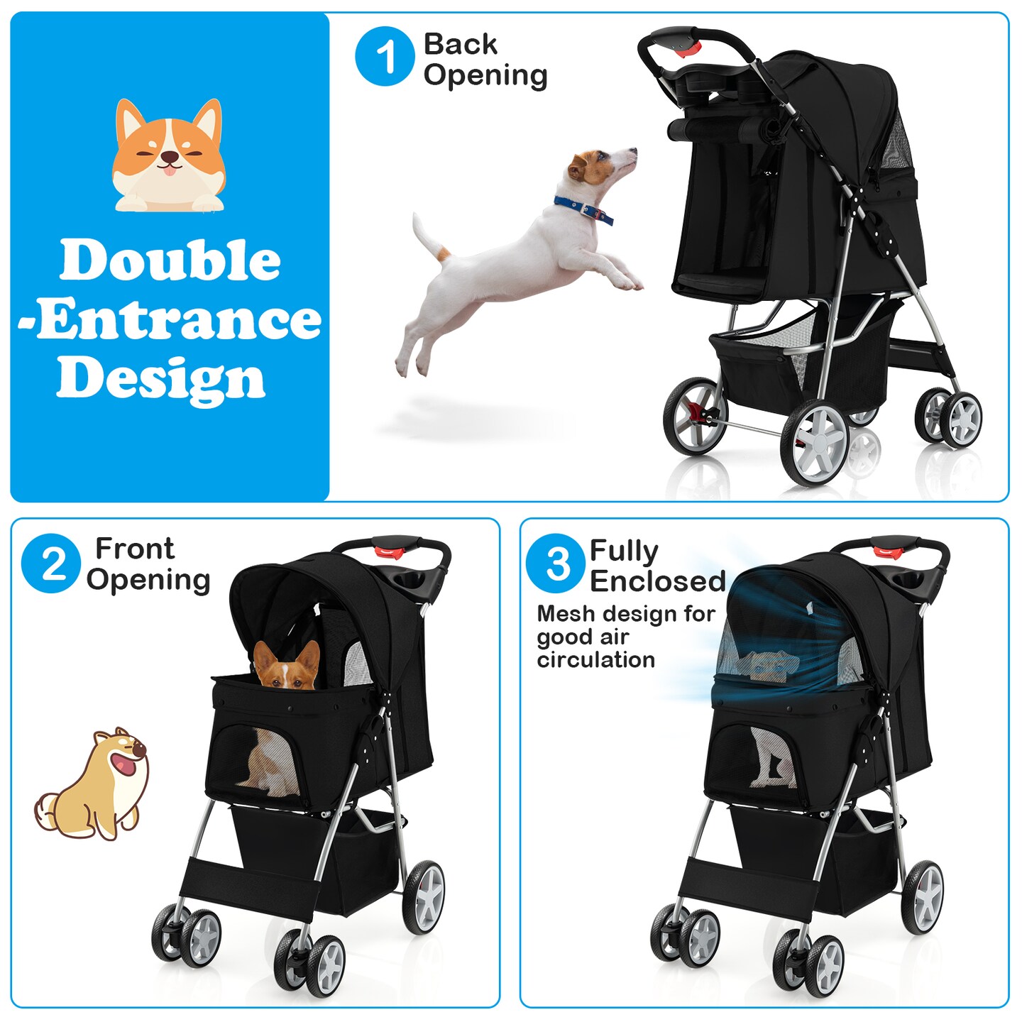 Folding Pet Stroller with Storage Basket and Adjustable Canopy