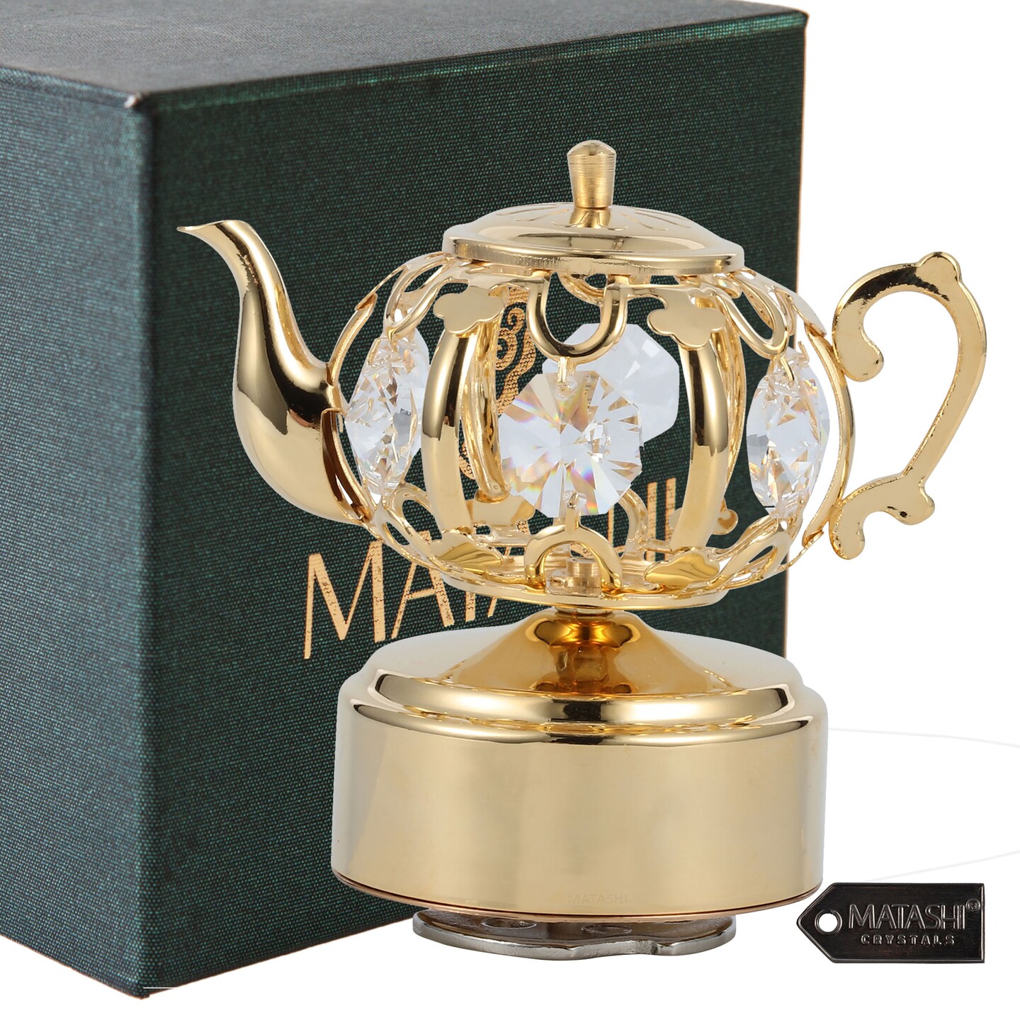 Matashi 24K Gold Plated Music Box with Crystal Studded Teapot Figurine - faux Elise