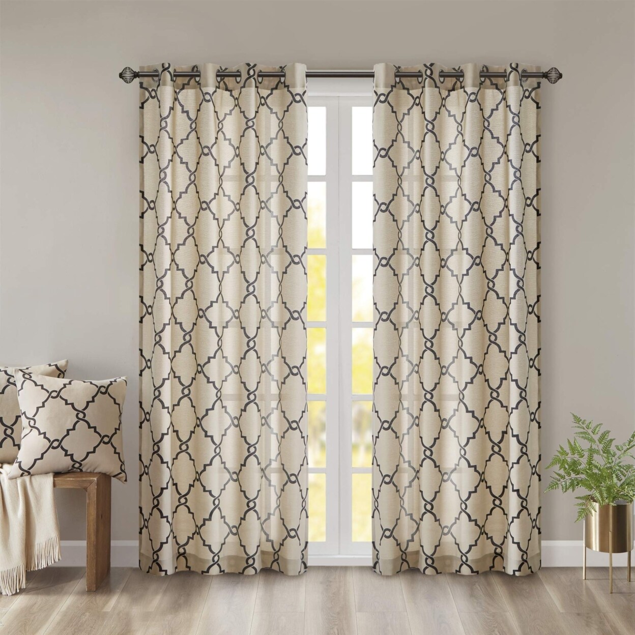 Madison Park   Saratoga Basketweave Khaki Ground Black Fretwork Print Patio Window Curtain, 100x84, Silver Grommet Top