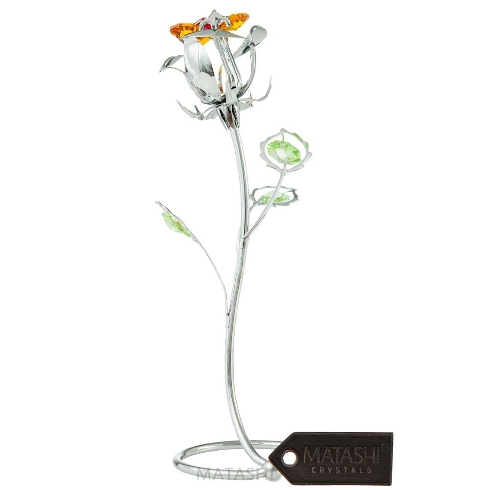 Chrome Plated Silver Rose Flower Tabletop Ornament W/ Red And Yellow