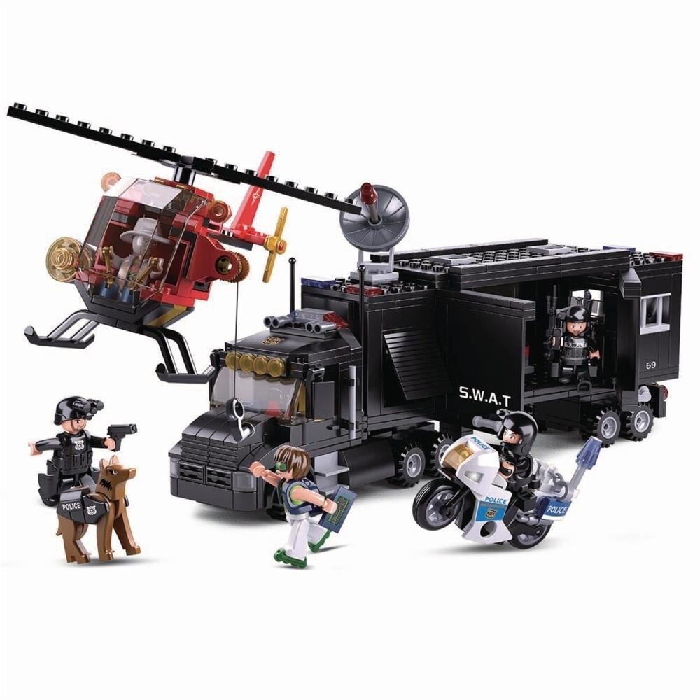 Sluban Kids Slu08630 Swat Police Mobile Command Center Motorcycle K9 Dog Building Blocks 540 Pcs Set Building Toy Police