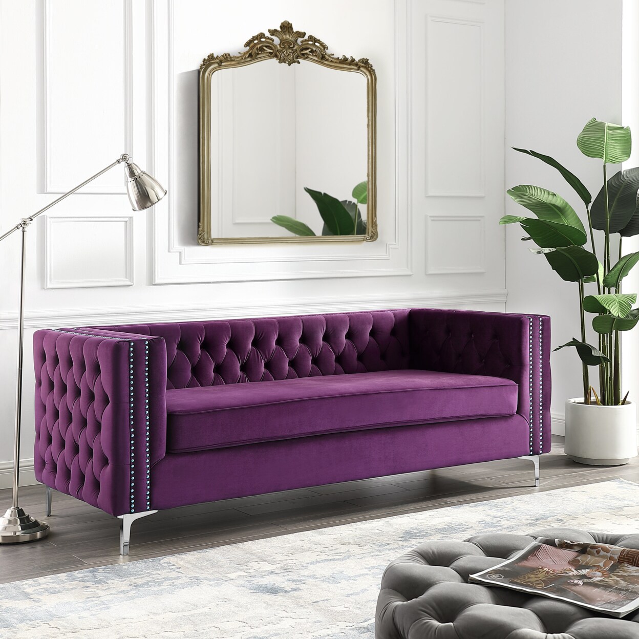 Inspired Home Alison Velvet Club Chair or Sofa-Button Tufted-Nailhead Trim-