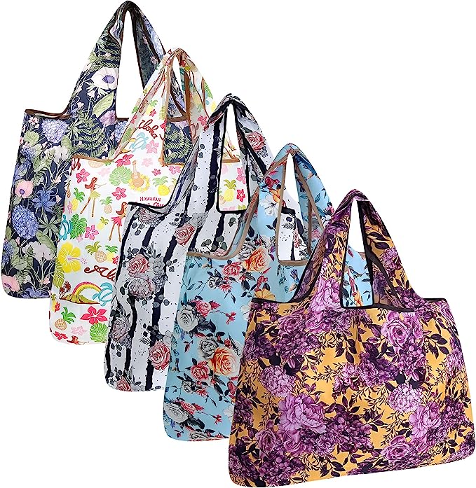 Wrapables Large Foldable Tote Nylon Reusable Grocery Bags, 5 Pack