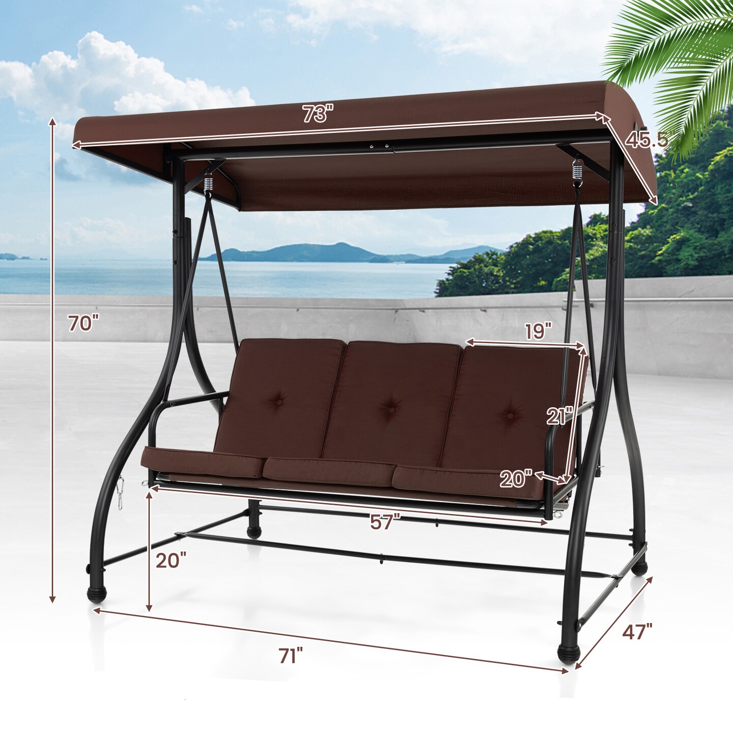 Costway 3-Seat Outdoor Converting Patio Swing Glider Adjustable Canopy Porch Swing Coffee/Black/Wine