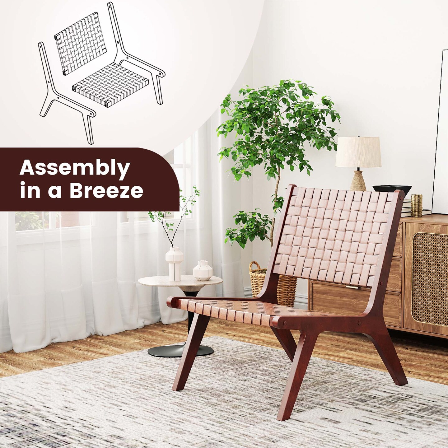 Costway Woven Leather Accent Chair Mid Century Rubber Wood Armless Side Chair