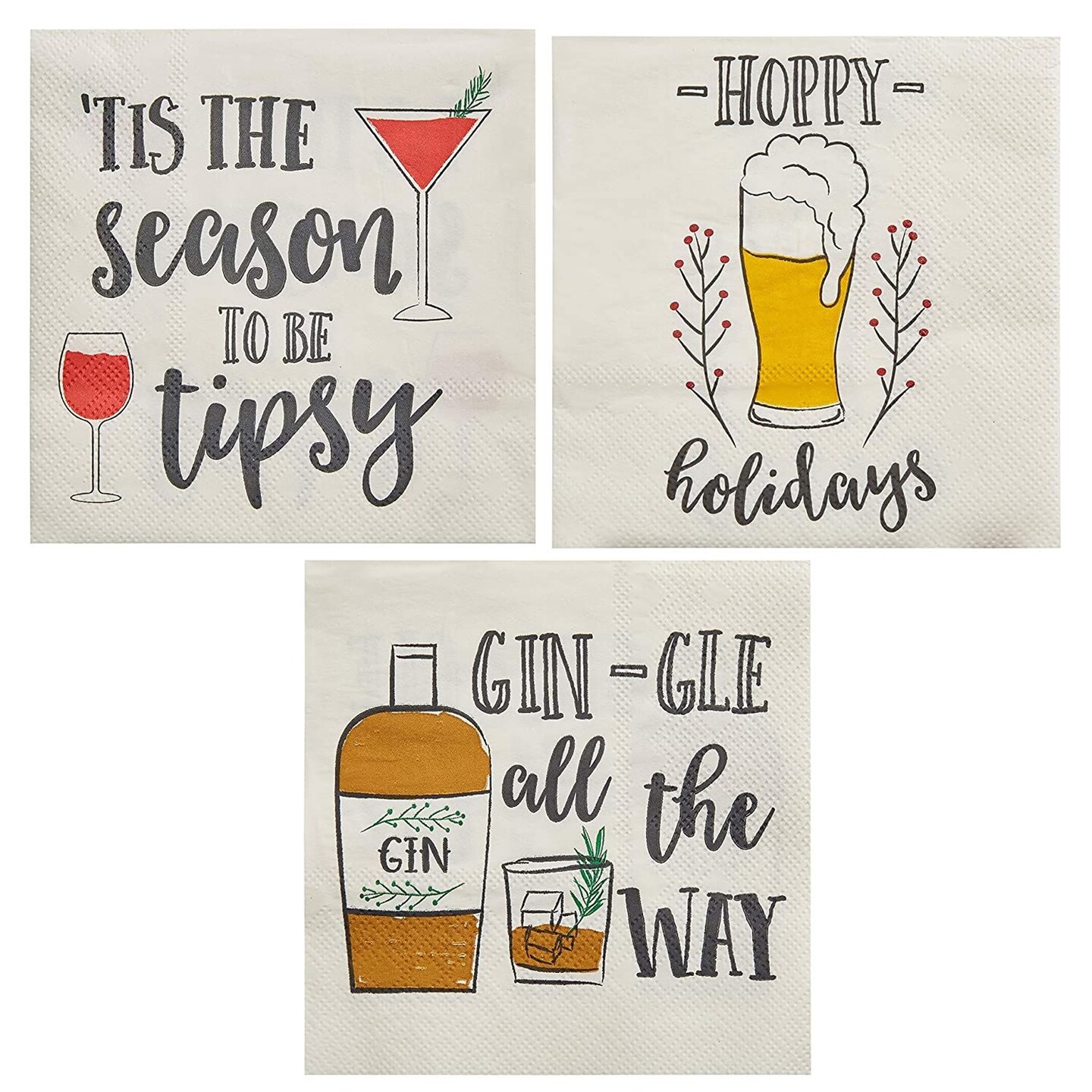 150 Pack Funny Holiday Cocktail Napkins for Christmas Party Supplies, 3 Designs (5 x 5 In)