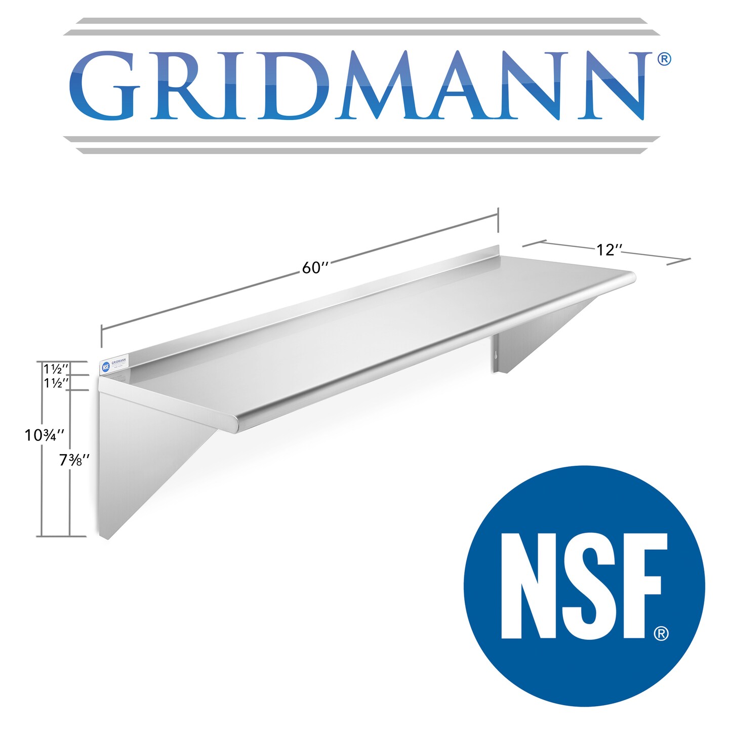 GRIDMANN NSF Stainless Steel 12" Deep Kitchen Wall Mount Shelves for Commercial Restaurant Bar w/ Backsplash