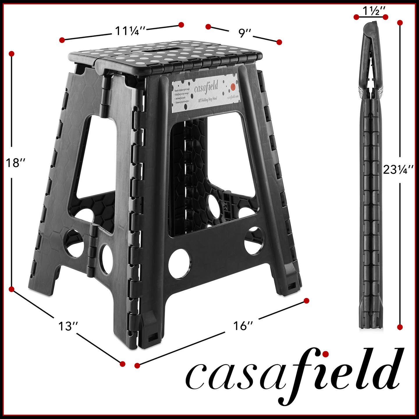 Casafield 18&#x22; Folding Step Stool with Handle, Black - Portable Collapsible Small Plastic Foot Stool for Adults - Use in the Kitchen, Bathroom and Bedroom