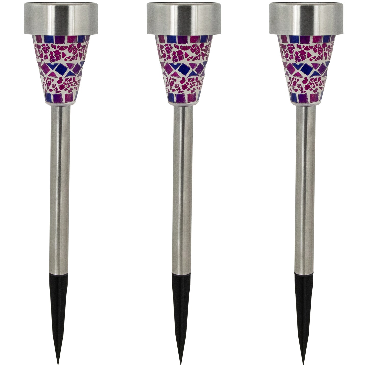 Northlight Set of 3 Purple Mosaic Stained Glass Solar Powered LED Pathway Markers, 15.5"