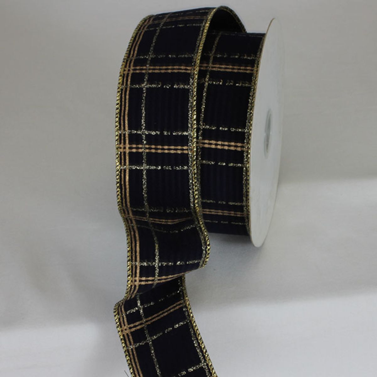 The Ribbon People Navy Blue and Gold Xmas Present Plaid Wired Craft Ribbon 2&#x22; x 20 Yards