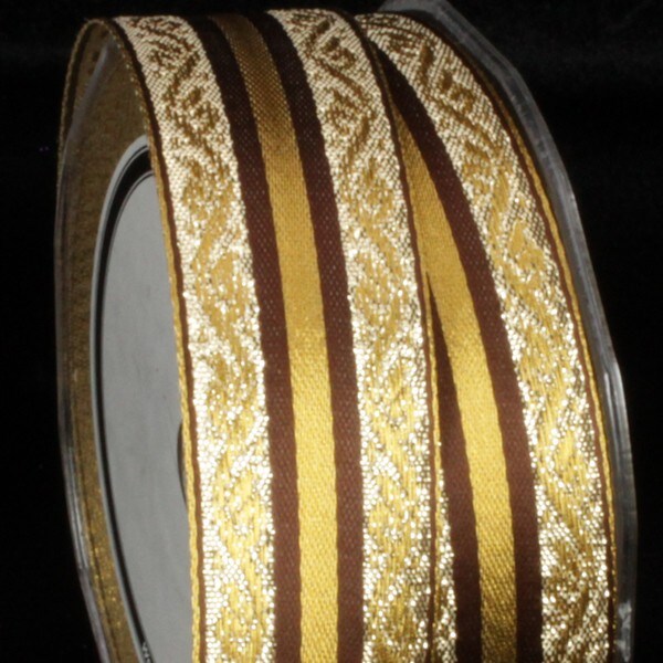 The Ribbon People Gold and Brown Woven Striped Wired Craft Ribbon 1.25&#x22; x 27 Yards
