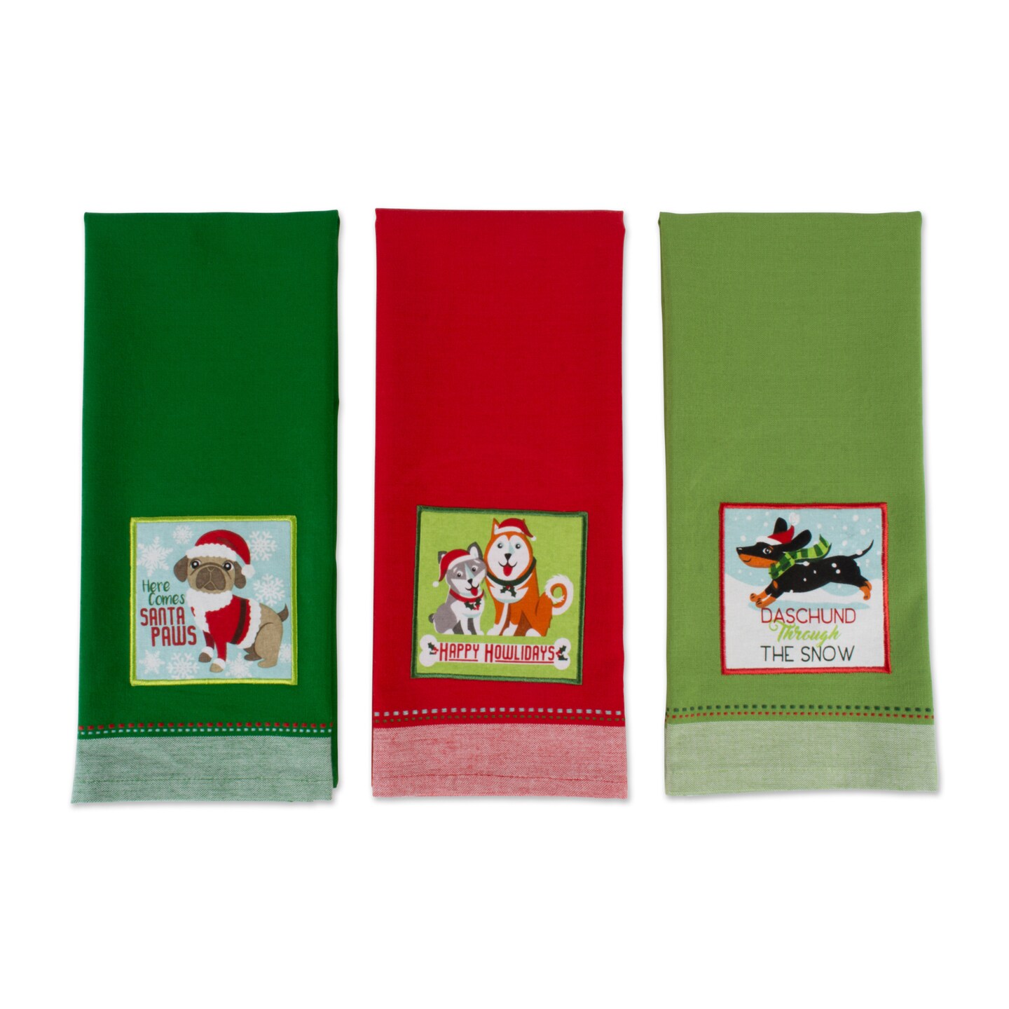 Contemporary Home Living Set of 3 Red and Green Christmas Puppies Dishtowels 28&#x22;