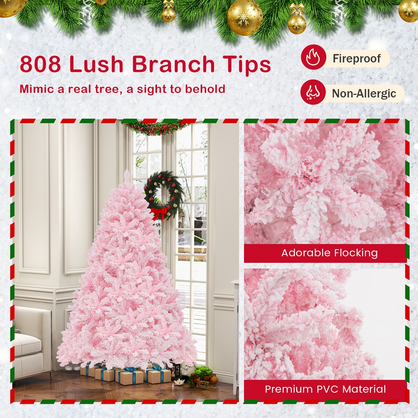 Costway 6 FT Flocked Artificial Christmas Tree Hinged with 350 LED Lights 808 Branch Tips