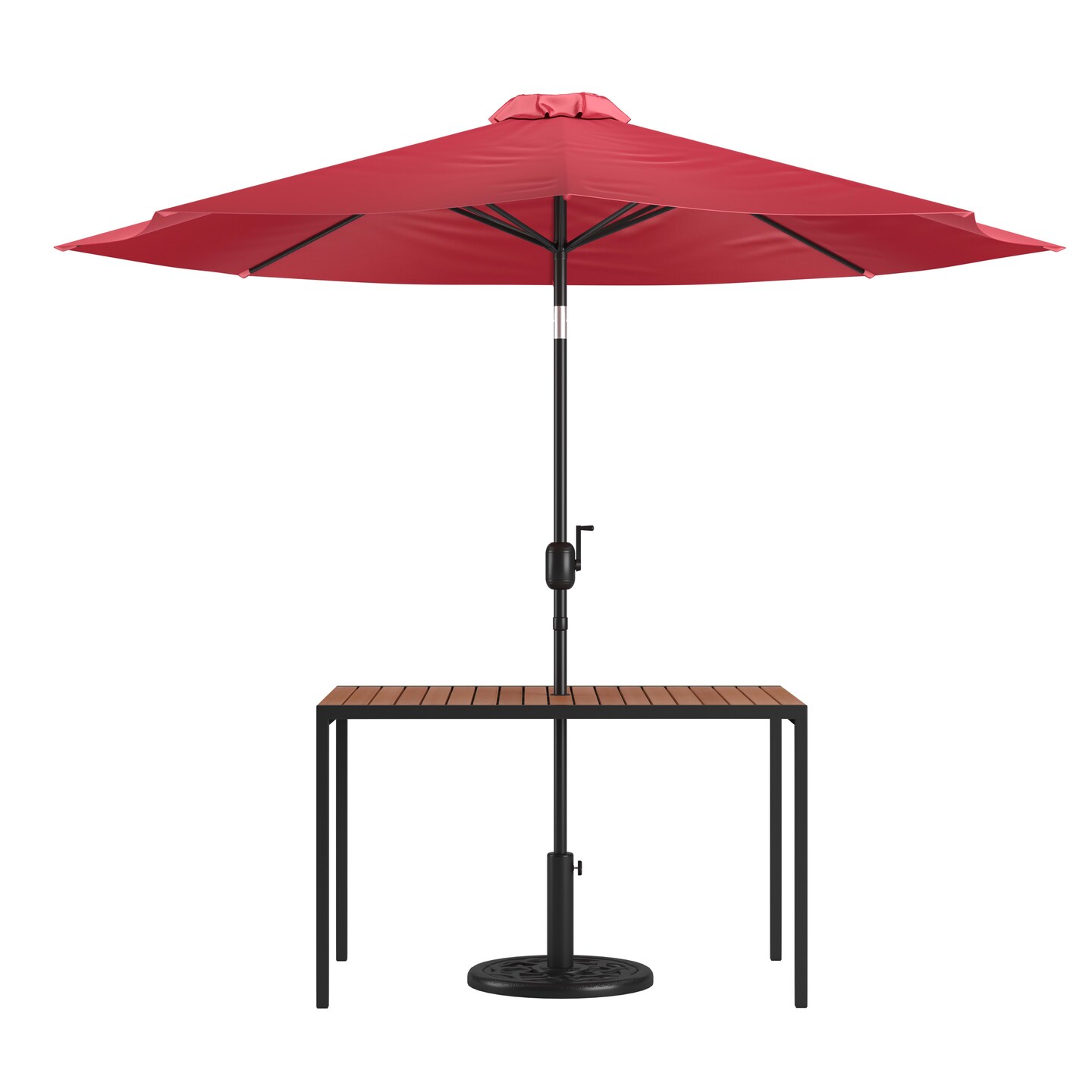 Merrick Lane Outdoor Powder Coated Steel Dining Table with Faux Teak Poly Slat Top, 9' Patio Umbrella and Base