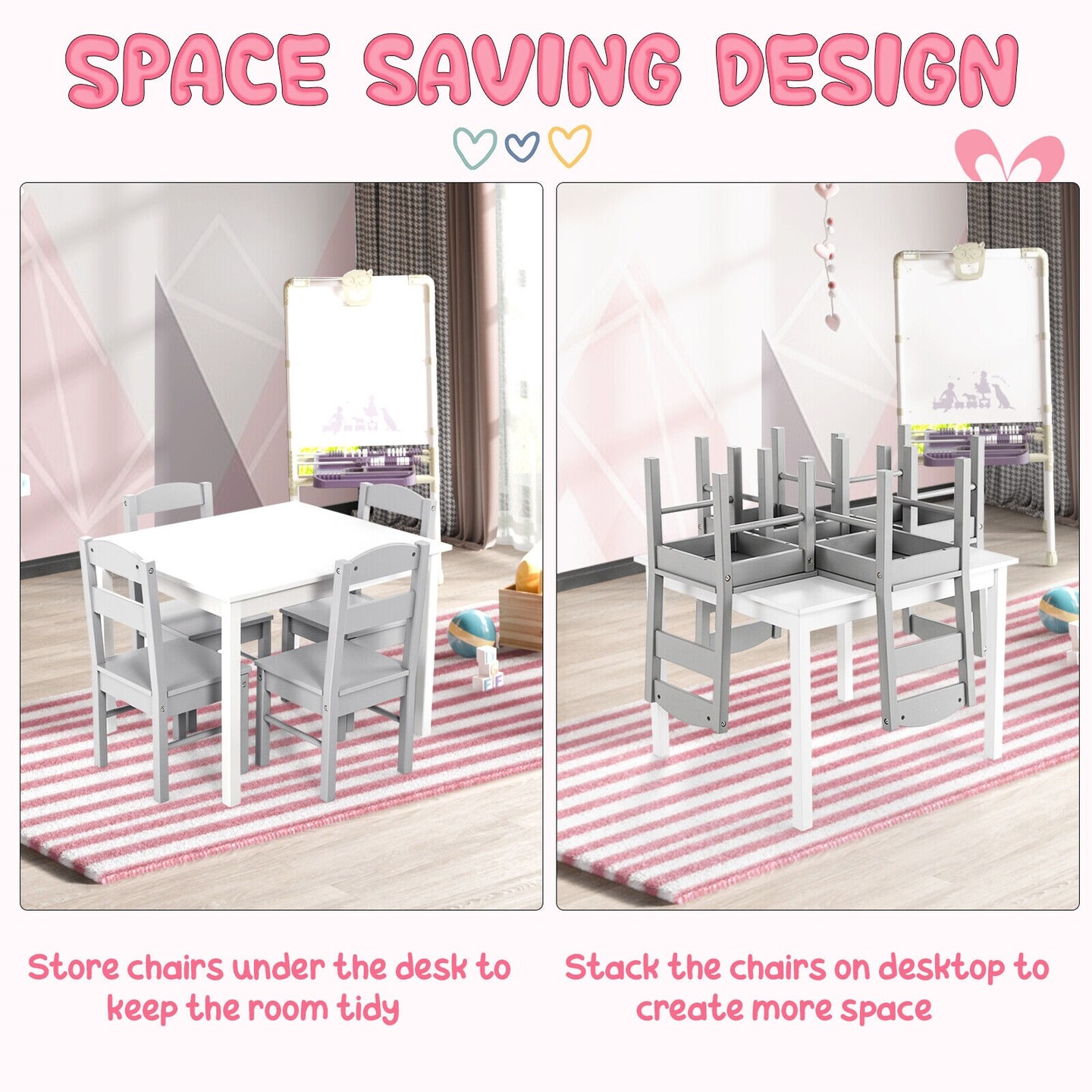 Kids 5 Pieces Table and Chair Set Wooden Children Activity Playroom Furniture Gift