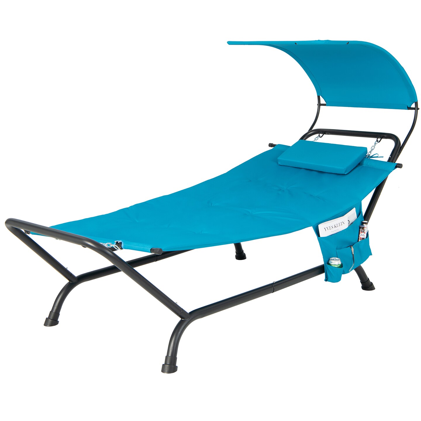 Costway Patio Hanging Chaise Lounge Chair with Canopy, Cushion, Pillow & Storage Bag Blue/Beige/Brown