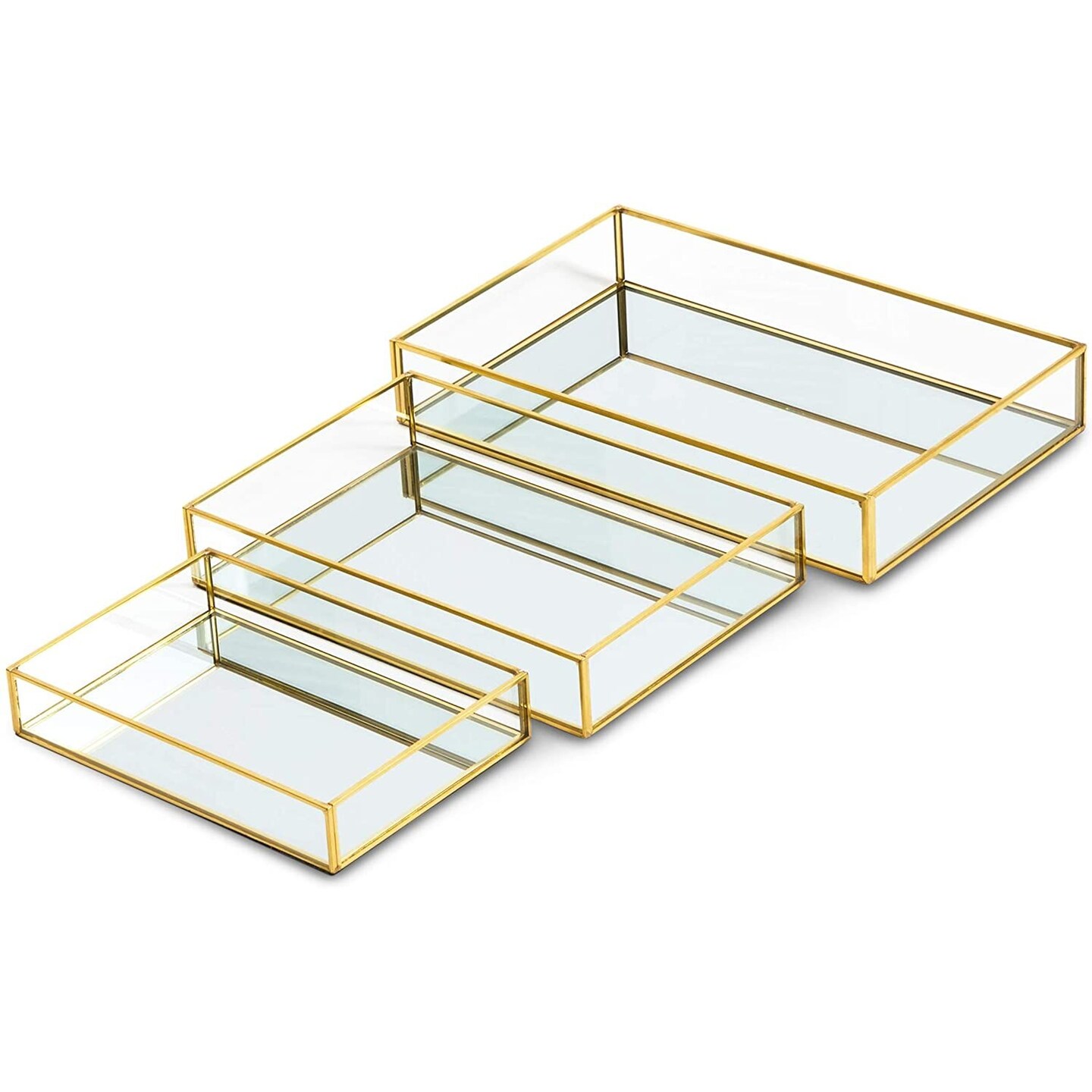 Set of 3 Gold Mirror Vanity Tray for Perfume, Makeup, Decorative Rectangle Jewelry Organizer for Bathroom, Dresser (3 Sizes)