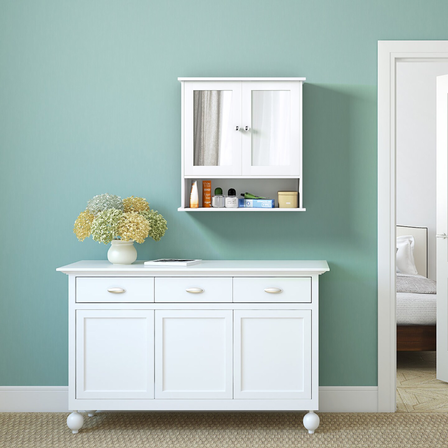 Costway New Bathroom Wall Cabinet Double Mirror Door Cupboard Storage Medicine Cabinet Shelf White