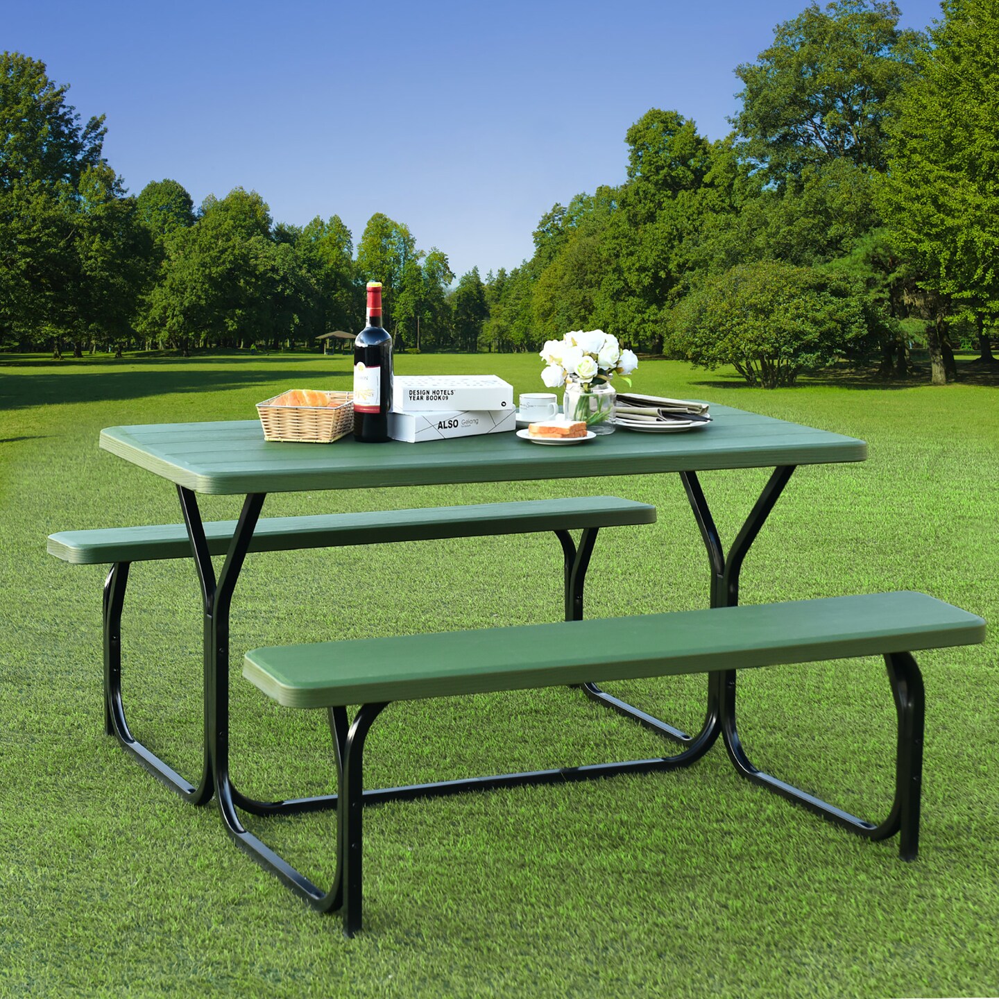 Costway Picnic Table Bench Set Outdoor Backyard Patio Garden Party Dining All Weather Black/White/Grey/Brown/Green