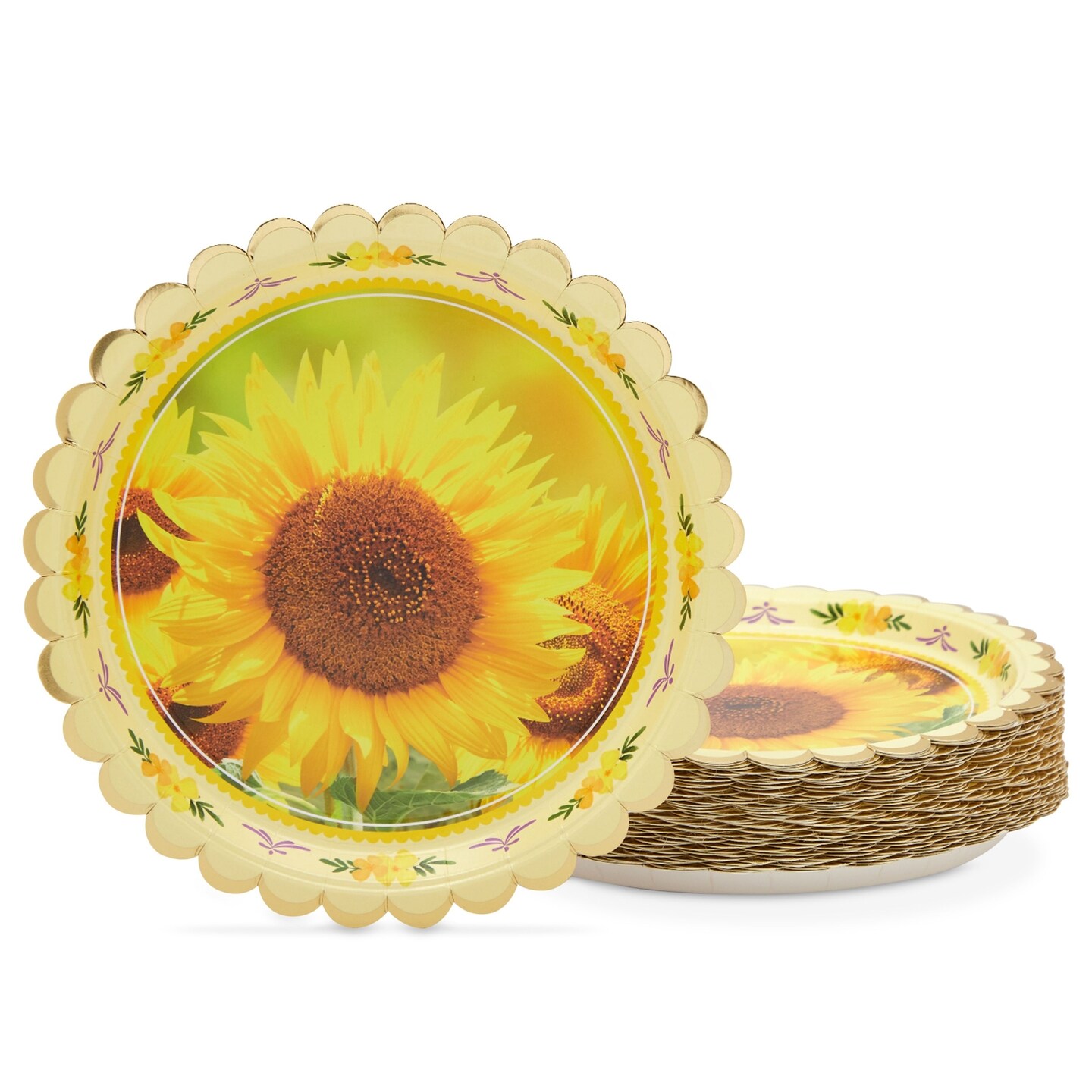 48 Pack Yellow Sunflower Paper Plates for Birthday Party Decorations, Flower Baby Shower Supplies (9 in)