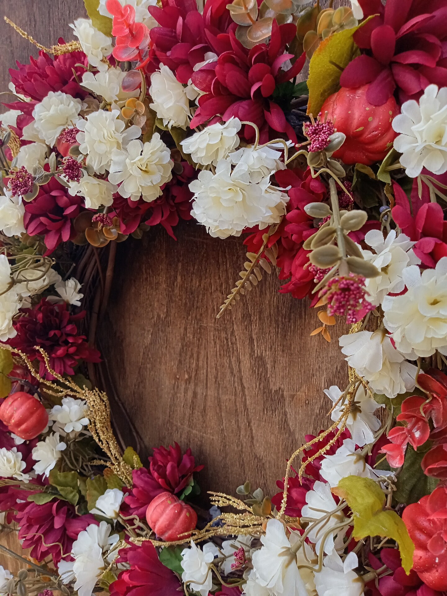 18 Inch Deep Red and Cream Chrysanthemum Door Wreath with orange