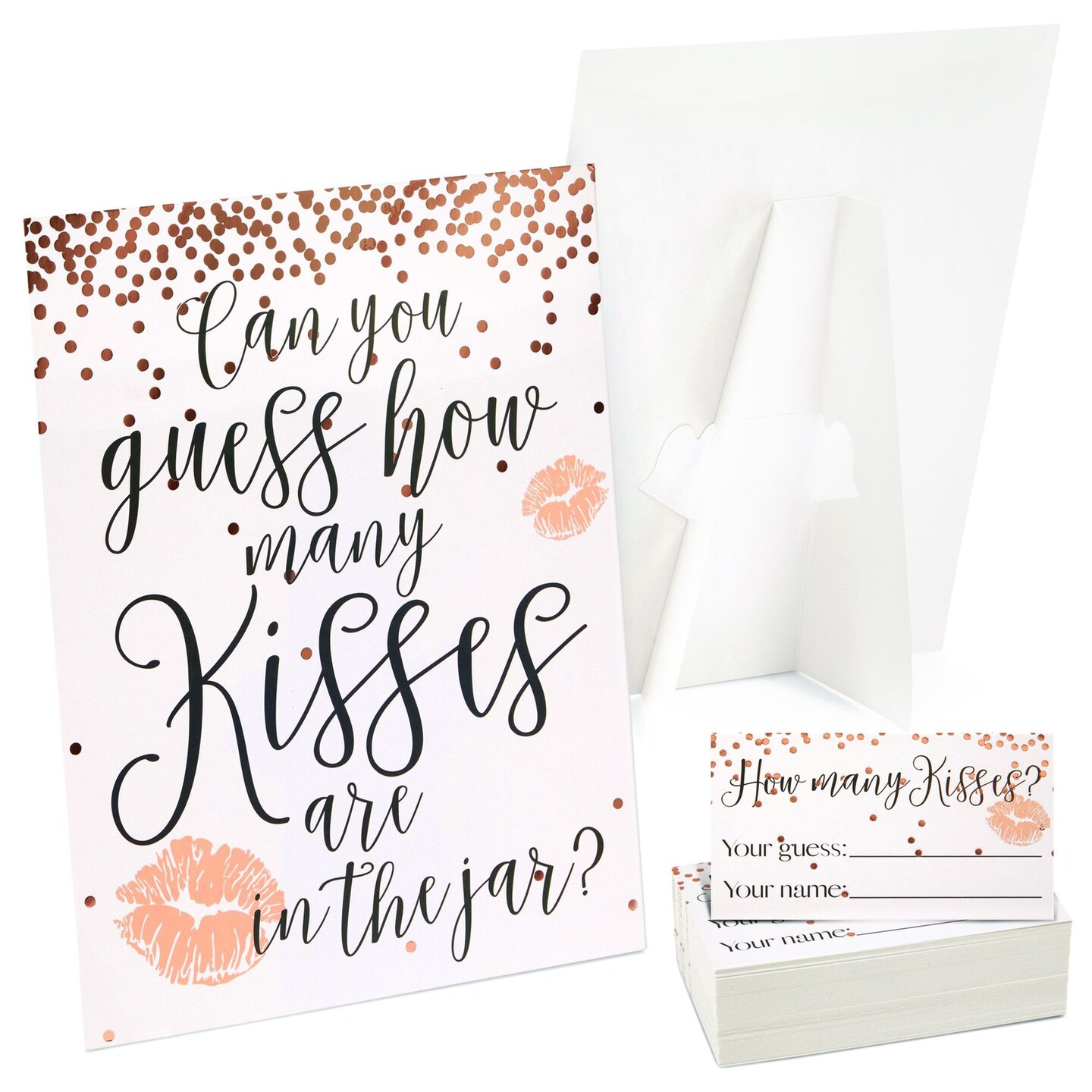 Guess How Many Kisses Bridal Shower Game for 60 Guests for Wedding (1 Rule Board, 60 Guessing Cards)