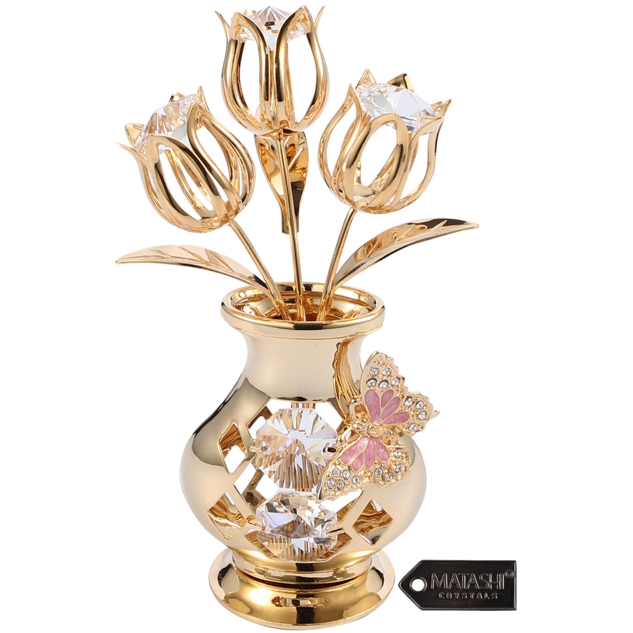 Matashi 24K Gold Plated Crystal Studded Flower Ornament In A Vase With Decorative Butterfly (Clear Crystals) Gift For